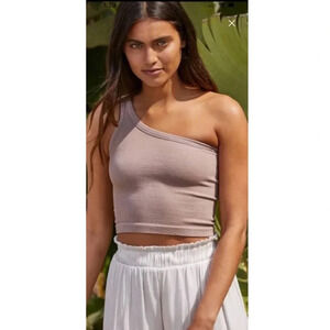 By Together Espresso Seamless One Shoulder Ribbed Spring Tank Top Taupe Size S/M